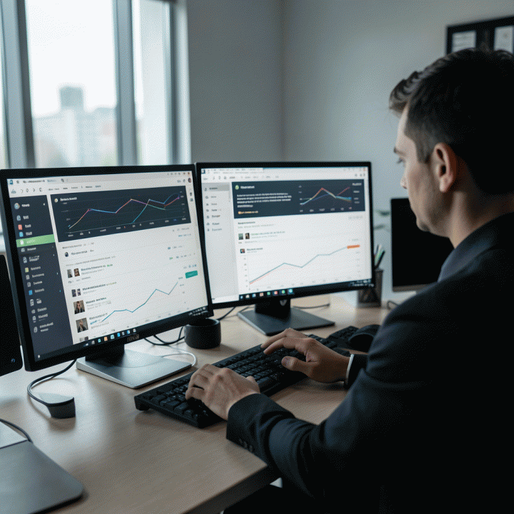 Digital workspace showing a job seeker comparing and tracking job applications across multiple platforms on multiple screens, emphasizing career strategy and data analysis.