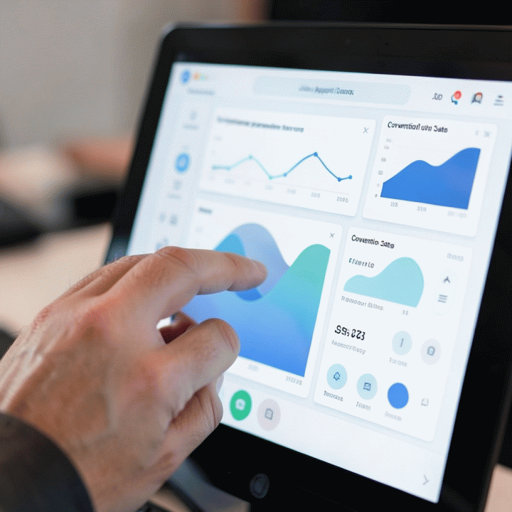 Hand interacting with a digital dashboard tracking job application statuses and conversion rates for career management.