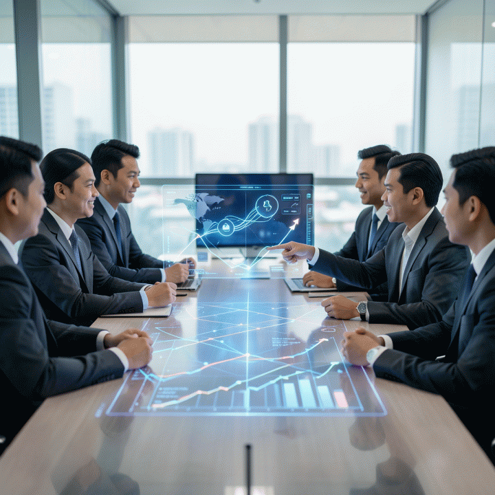 Tim profesional Indonesia berkolaborasi di meja konferensi modern, menganalisis data pasar global dan strategi pertumbuhan bisnis di atas proyeksi holografik.