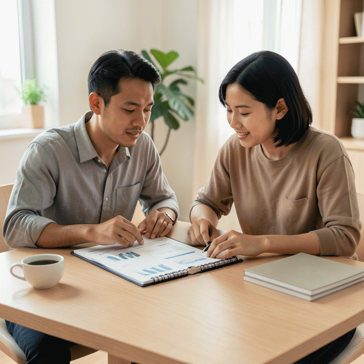 Pasangan muda Indonesia sedang berdiskusi santai dan terstruktur mengenai perencanaan keuangan pribadi di meja rumah yang modern, menunjukkan kontrol dan ketenangan finansial.