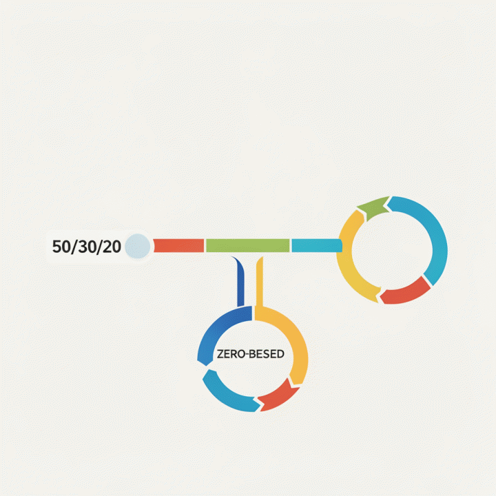 Infografis visual yang membandingkan alur dan struktur tiga metode budgeting berbeda (50/30/20 vs. Zero-Based).
