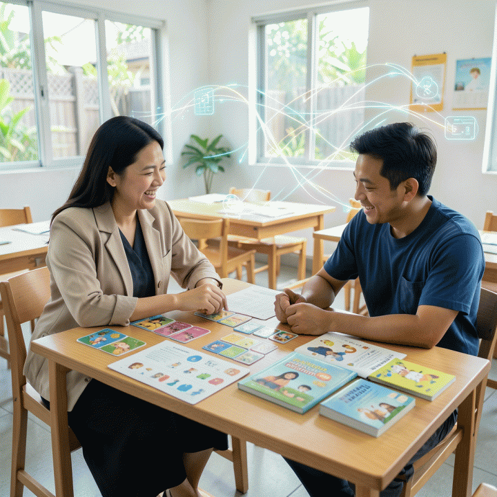 Guru dan orang tua di ruang kelas modern Indonesia sedang berkolaborasi menyusun materi belajar anak dengan bantuan visualisasi AI yang efisien.
