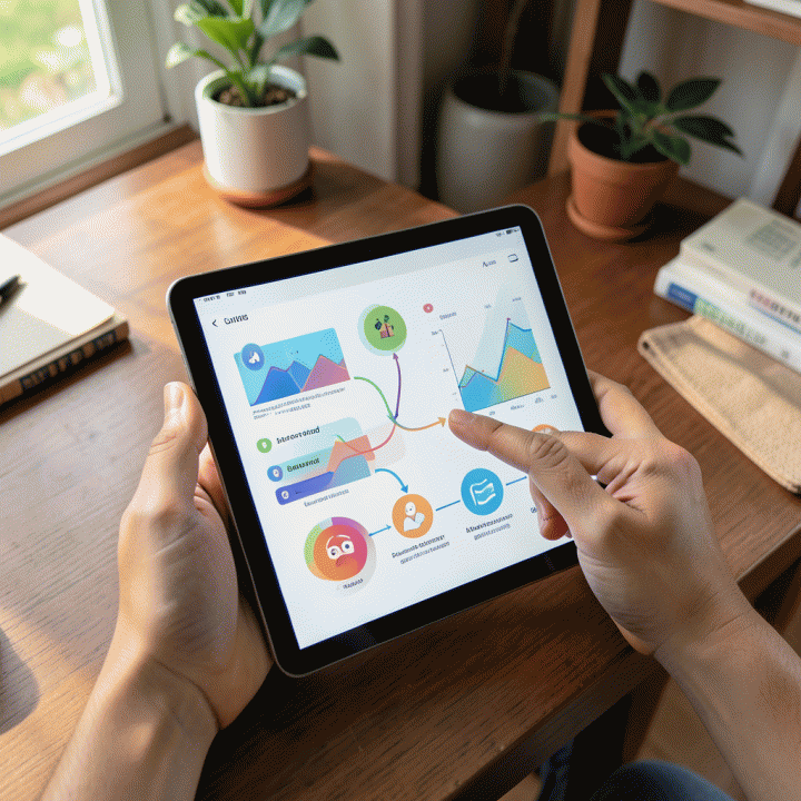 Tangan berinteraksi dengan tablet AI yang menampilkan perbandingan visual antara berbagai metode pengajaran yang efektif, menunjukkan efisiensi dan perencanaan materi.