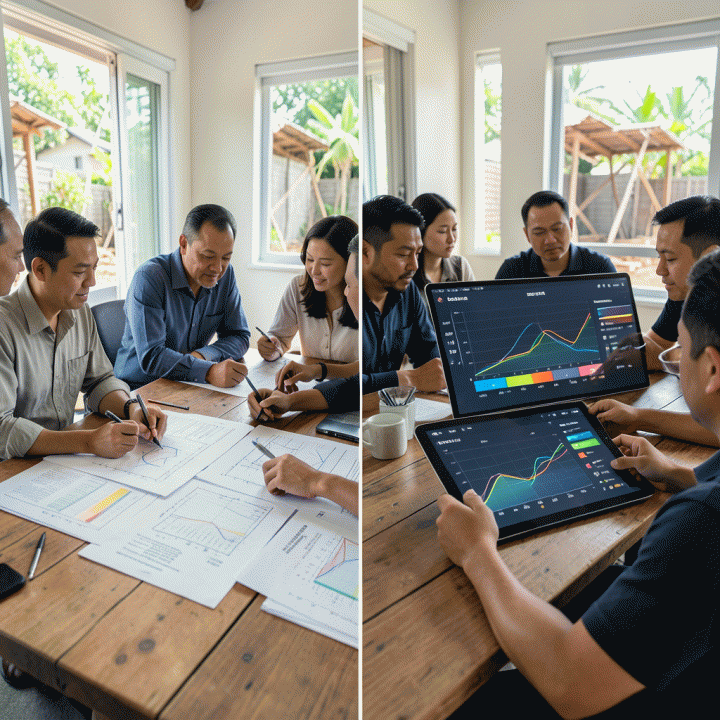 Perbandingan visual antara monitoring proyek konstruksi tradisional menggunakan tumpukan kertas dan cetak biru, dengan monitoring digital modern yang menampilkan grafik dan data progres real-time pada layar digital.