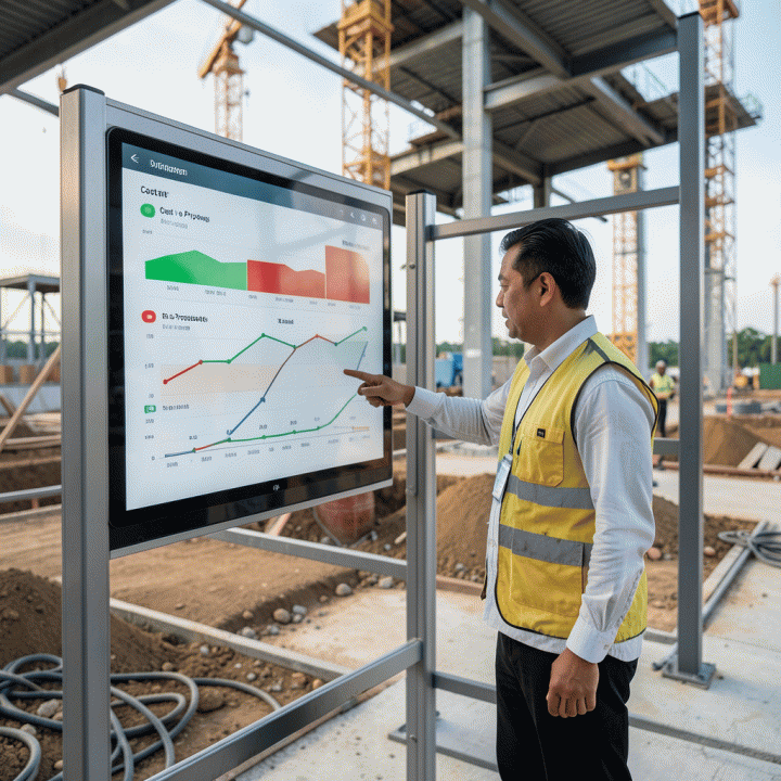 Manajer proyek di lokasi konstruksi modern menggunakan dashboard digital untuk memonitor progres dan biaya secara real-time.