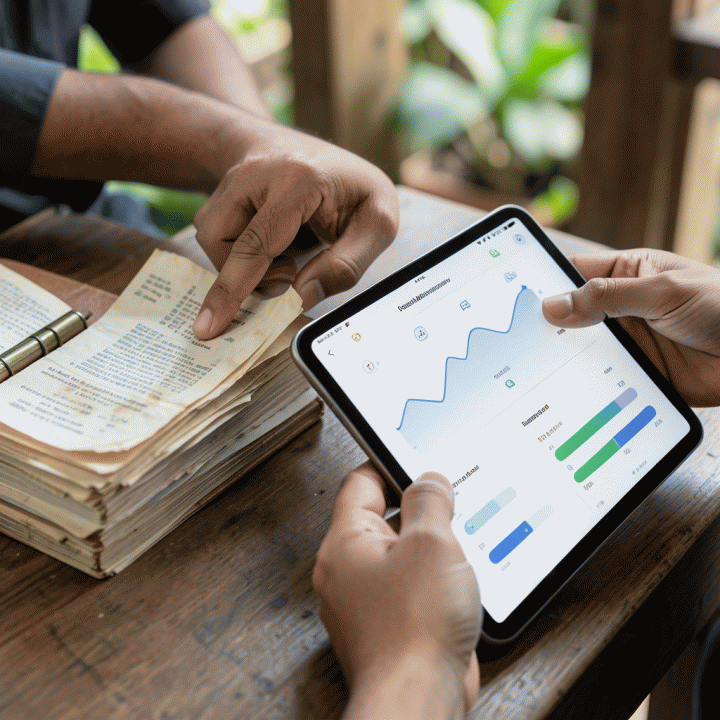 Perbandingan antara dokumentasi proyek manual (kertas) dan digital (tablet) yang menunjukkan efisiensi dan akurasi data.