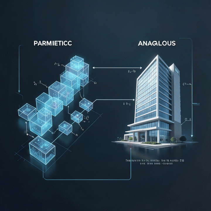 Visualisasi konseptual yang membandingkan dua metode estimasi biaya: Parametric (berbasis pola) dan Analogous (berbasis perbandingan proyek serupa).