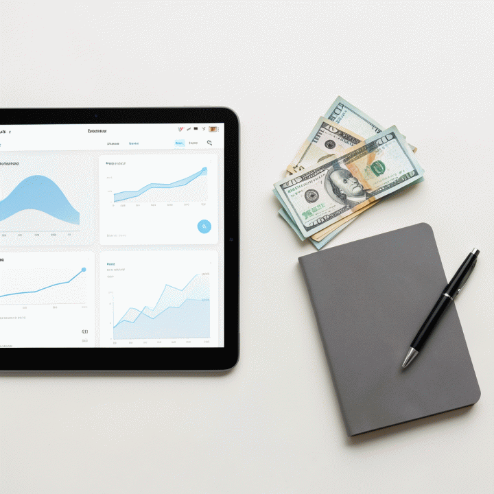 Perbandingan alat pelacakan keuangan: tablet digital vs buku catatan manual, diletakkan secara flat lay.