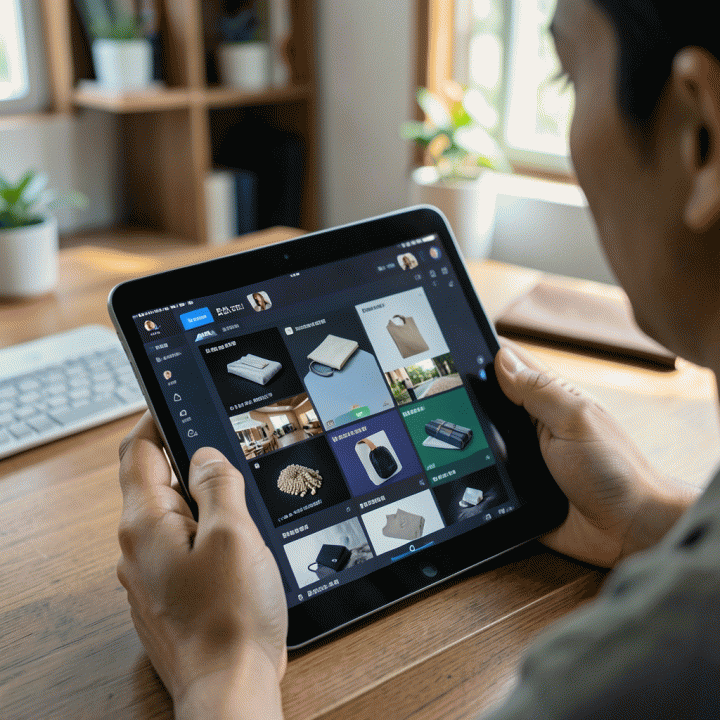 Pemilik UMKM menggunakan tablet untuk menghasilkan berbagai variasi konten iklan produk secara instan menggunakan AI.