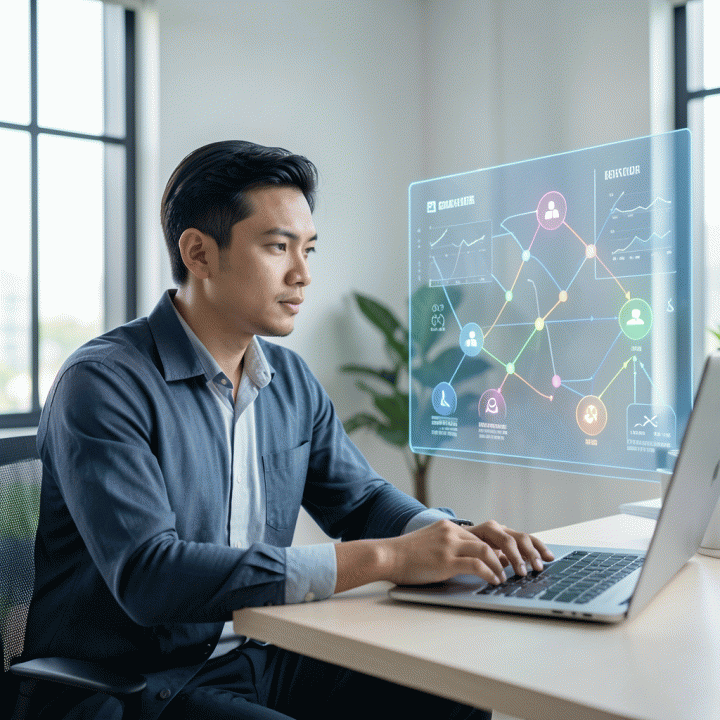 Seorang profesional muda Indonesia di ruang kerja modern melihat dashboard holografik yang menampilkan data perbandingan platform pencarian kerja dan peta perjalanan karir yang terstruktur.