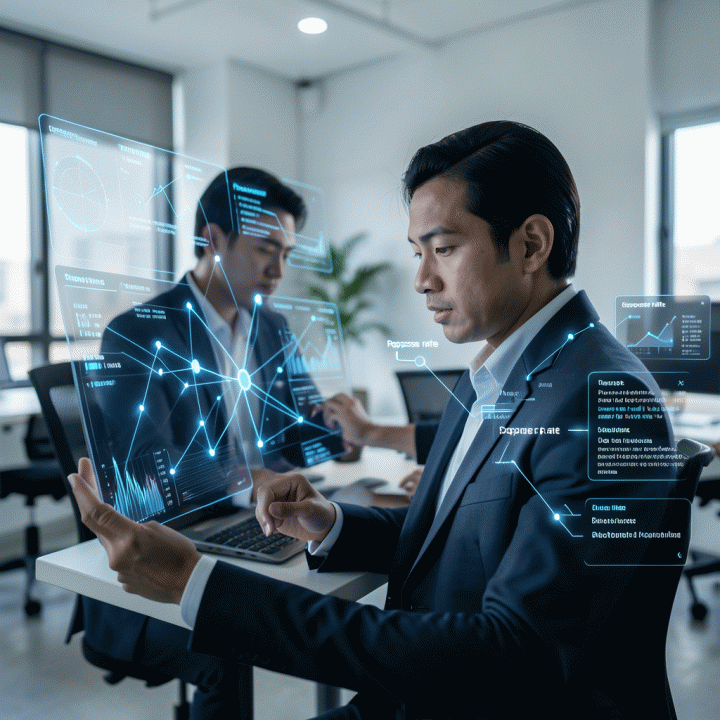 Seorang profesional muda Indonesia yang sedang menganalisis data dan membandingkan berbagai platform pencarian kerja di lingkungan kerja modern, melambangkan strategi karir yang terukur.