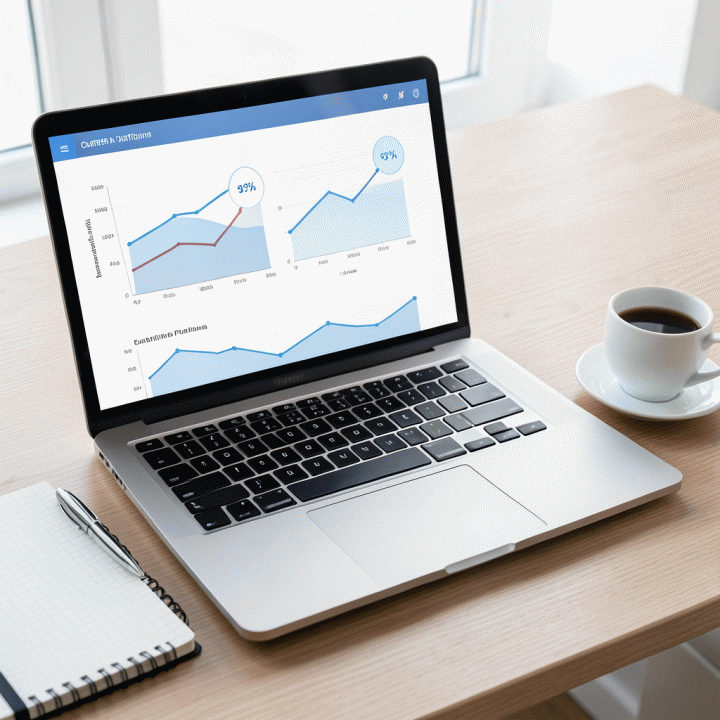 Tampilan datar meja kerja modern dengan laptop yang menampilkan perbandingan data abstrak antar platform pencarian kerja, menunjukkan analisis strategi karir.