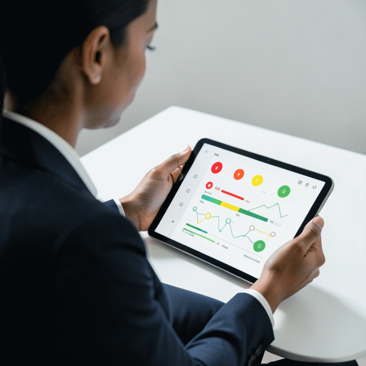 Visualisasi abstrak antarmuka digital tracking aplikasi kerja dan prospek di tablet, menunjukkan kemampuan melacak status lamaran secara terorganisir.