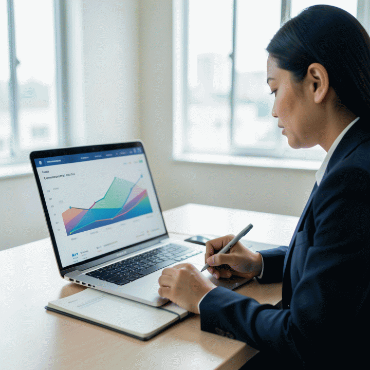 Profesional yang sedang merencanakan strategi karir di depan laptop, dengan visualisasi data yang menunjukkan efektivitas platform pencarian kerja.