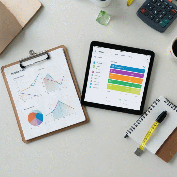 Meja kerja yang tertata rapi dengan peralatan dan visualisasi data untuk memonitor progres dan biaya proyek.