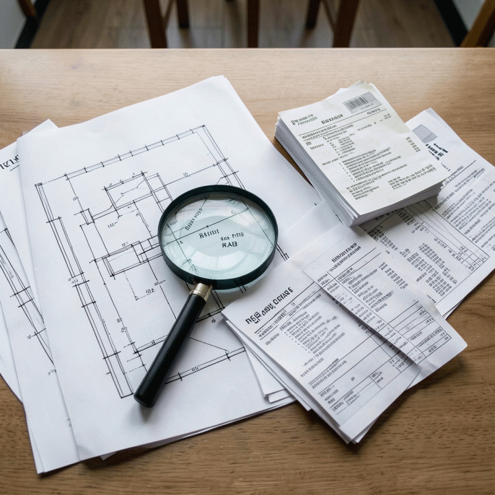 Pandangan atas dokumen biru (blueprint) dan tumpukan nota pembelian material, menunjukkan proses audit dan perbandingan biaya di lapangan.