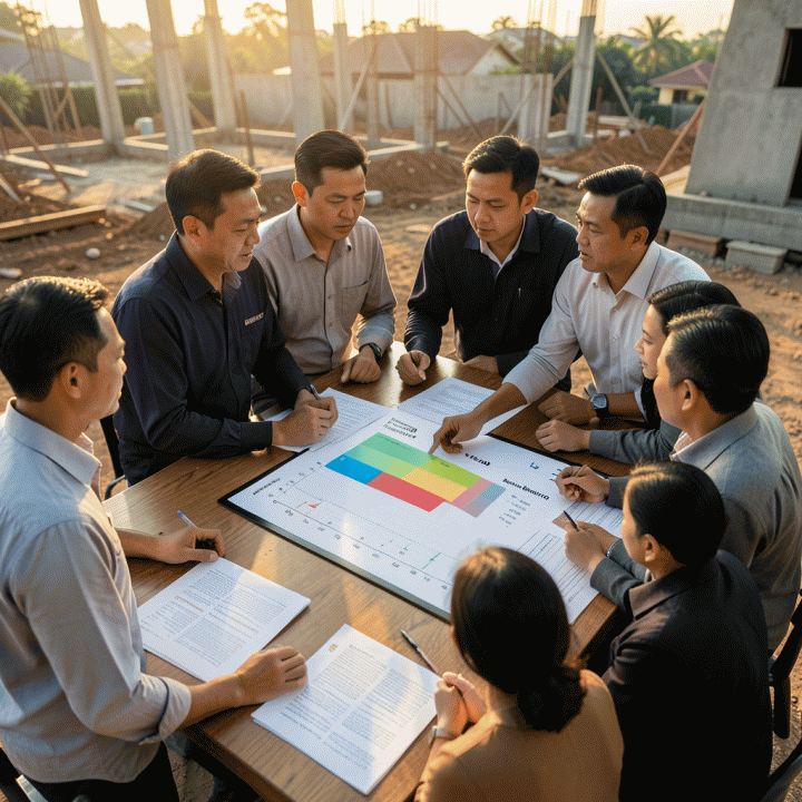 Sejumlah profesional di lokasi proyek sedang menganalisis data biaya dan progres proyek yang ditampilkan di meja, membandingkan anggaran awal dengan realisasi biaya aktual.