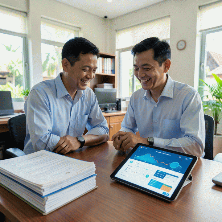 Perbandingan visual antara buku kas manual dan tablet digital di kantor administrasi lingkungan yang modern, menunjukkan transisi menuju pengelolaan keuangan RT/RW yang lebih efisien dan transparan.