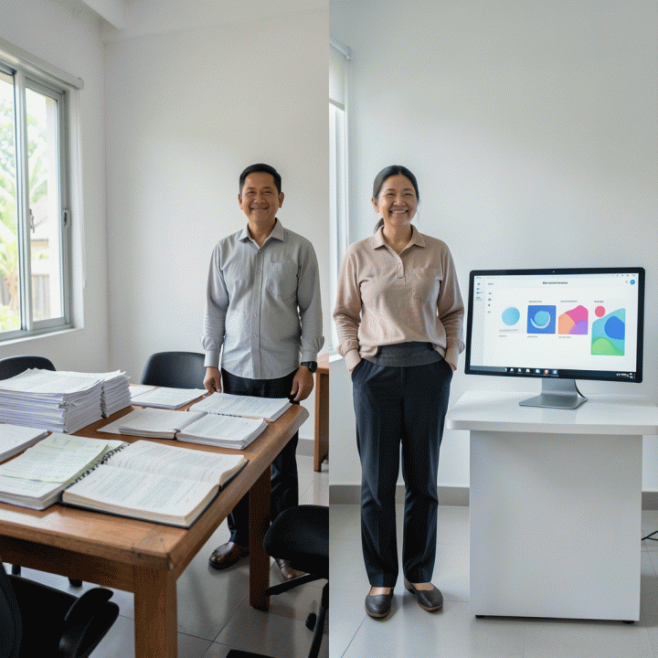 Perbandingan visual antara meja administrasi yang berantakan dengan dokumen fisik dan meja yang rapi dengan antarmuka digital, menyoroti efisiensi pengelolaan lingkungan.