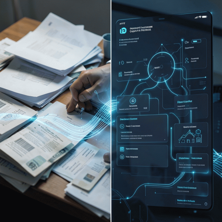 Metaphorical image showing the transition from manual paperwork to digital organization for rental business management.