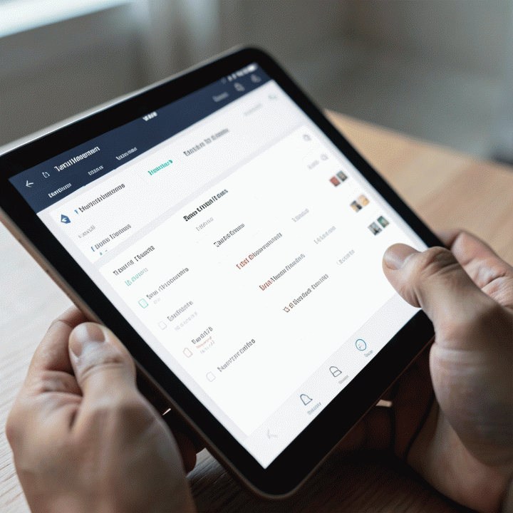 Hand interacting with a tablet displaying property rental management software interface.