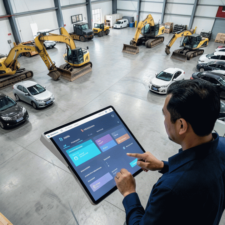 Manajer di gudang modern menggunakan tablet untuk memantau status inventaris alat berat dan otomotif secara real-time.