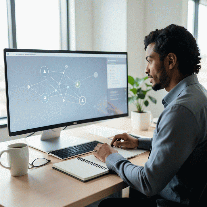 Seorang profesional yang tampak fokus di meja kerja modern, berinteraksi dengan visualisasi abstrak di layar laptop yang menunjukkan pengelolaan progres karir dan jaringan kontak yang terstruktur.