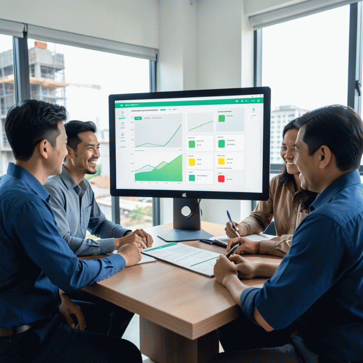 Kelompok profesional konstruksi Indonesia sedang berdiskusi di sekitar dashboard digital yang menampilkan visualisasi progres proyek, inventaris material, dan kontrol biaya secara real-time, menunjukkan manajemen proyek yang terintegrasi.