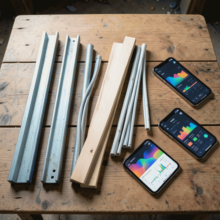 Tata letak datar (flat lay) material konstruksi yang tertata rapi bersama dengan perangkat digital yang menampilkan visualisasi data pelacakan inventaris material.