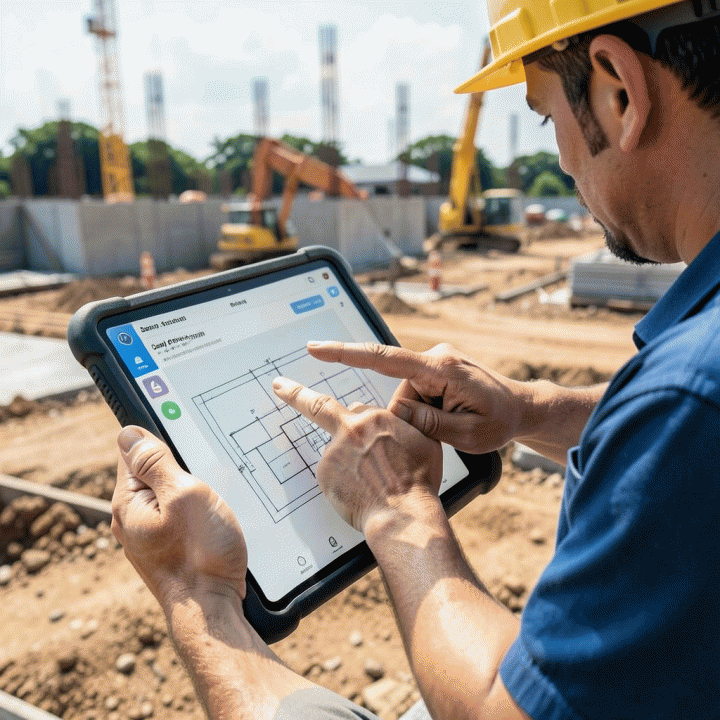 Insinyur lapangan Indonesia menggunakan tablet di lokasi konstruksi untuk mencatat progres harian dan penggunaan material, menunjukkan pemantauan real-time.