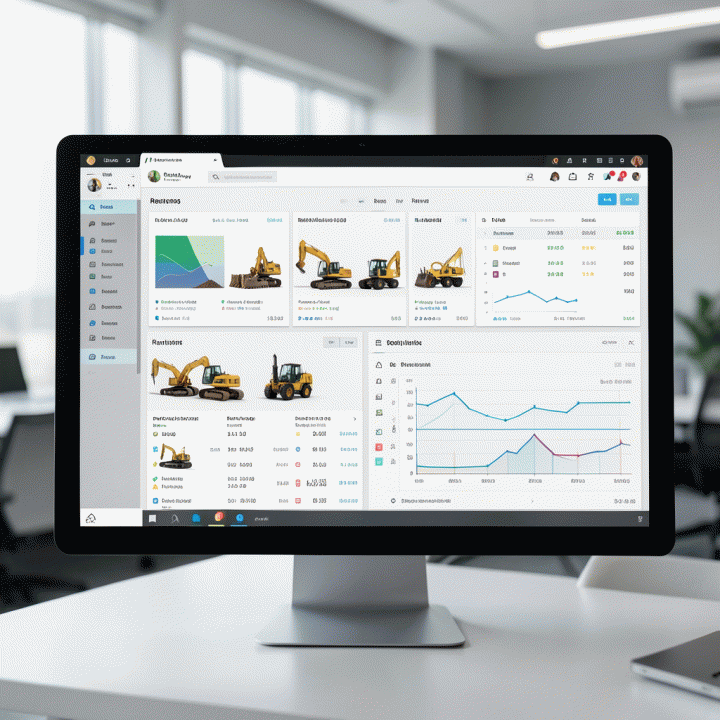 Dashboard digital yang terorganisir menampilkan manajemen inventaris dan jadwal sewa alat berat secara real-time.