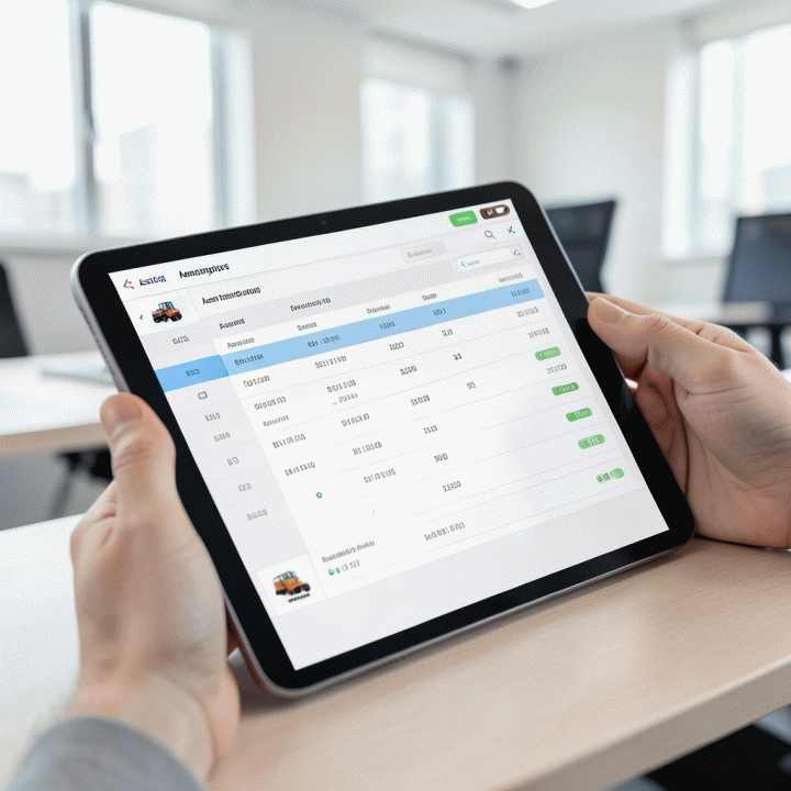 Tangan berinteraksi dengan tablet yang menampilkan sistem manajemen inventaris alat berat.