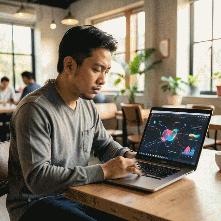 Seorang solo-preneur Indonesia bekerja di co-working space modern, menunjukkan visualisasi data abstrak yang terstruktur, melambangkan perencanaan bisnis digital.