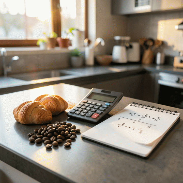 Tampilan fotorealistik di meja dapur kafe yang elegan, menampilkan kalkulator dan bahan baku F&B yang teratur, melambangkan perhitungan harga jual yang akurat dan profitabilitas.