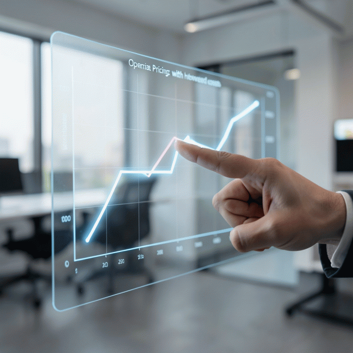Tangan menunjuk ke grafik digital abstrak yang menunjukkan peningkatan tajam profit margin ketika biaya operasional dimasukkan dalam perhitungan harga jual.