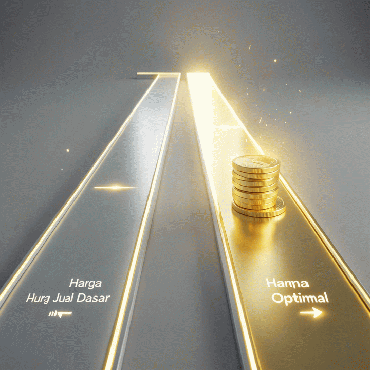 Visualisasi konseptual perbandingan dua jalur penetapan harga, menunjukkan bahwa memasukkan biaya operasional (biaya tambahan) menghasilkan jalur profit yang jauh lebih besar dan terang.