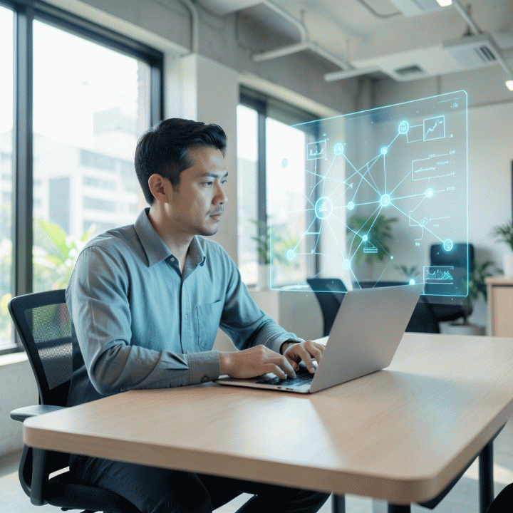Seorang founder yang sedang menganalisis model bisnis digital yang ditampilkan dalam proyeksi holografik canggih di meja kerja modern.