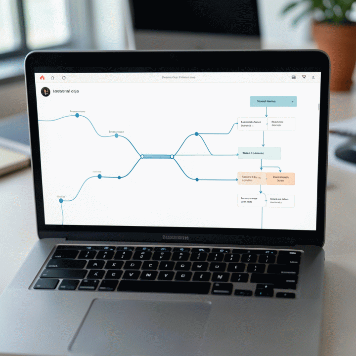 Tampilan visualisasi alur kerja dan pemetaan model bisnis yang terstruktur di layar laptop.