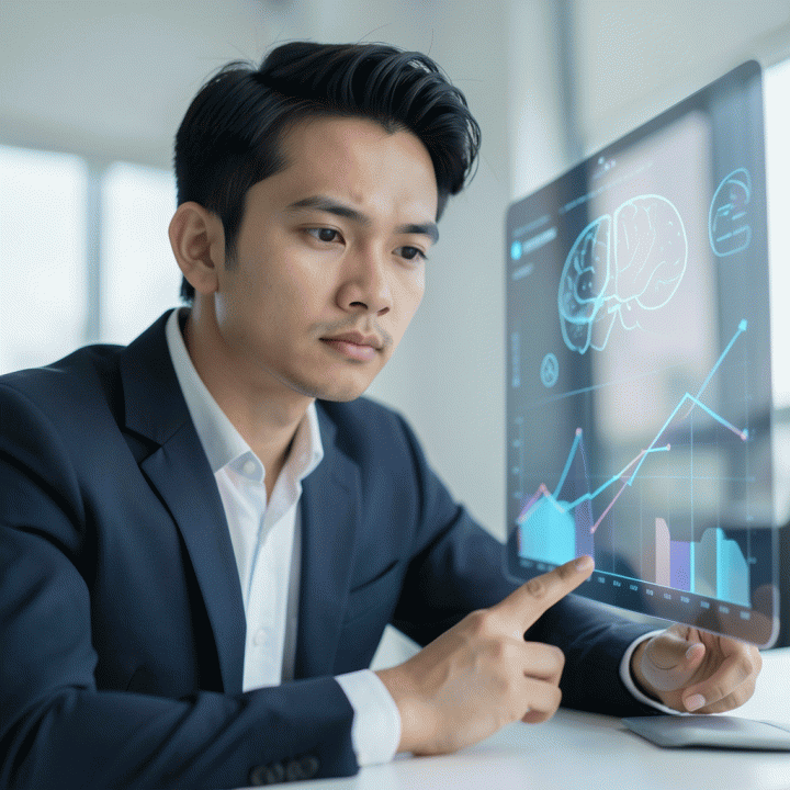 Young professional assessing analytical skills using a digital cognitive assessment tool.