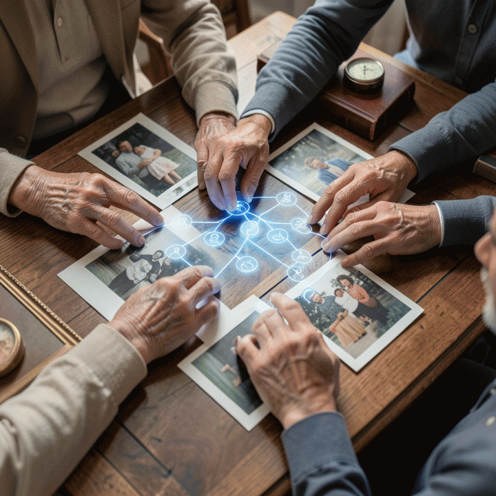 Tangan dari berbagai generasi yang merangkai foto-foto kenangan dan data silsilah keluarga di atas meja, menunjukkan integrasi fisik dan digital.