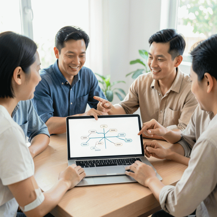 Keluarga modern sedang berdiskusi di sekitar tablet digital yang menampilkan visualisasi silsilah keluarga yang terstruktur dan rapi.