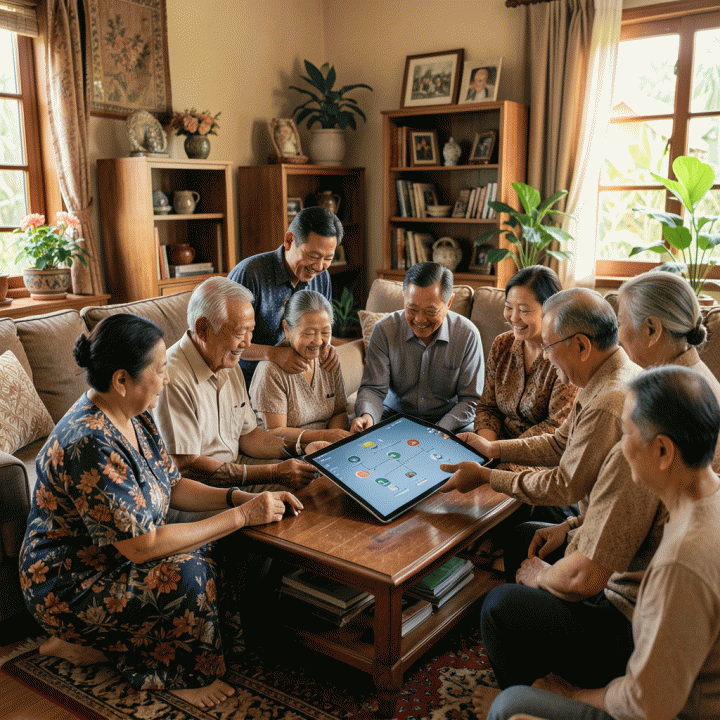Keluarga besar Indonesia yang bahagia dan terorganisir sedang merencanakan acara keluarga sambil melihat silsilah keluarga digital di tablet.