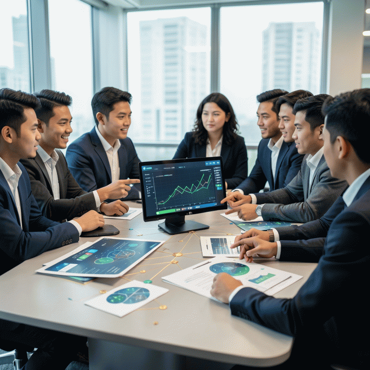 Tim profesional Indonesia berdiskusi intensif di depan visualisasi data dan peta strategi marketing di meja modern, menunjukkan perencanaan anggaran iklan yang terstruktur dan berbasis data.
