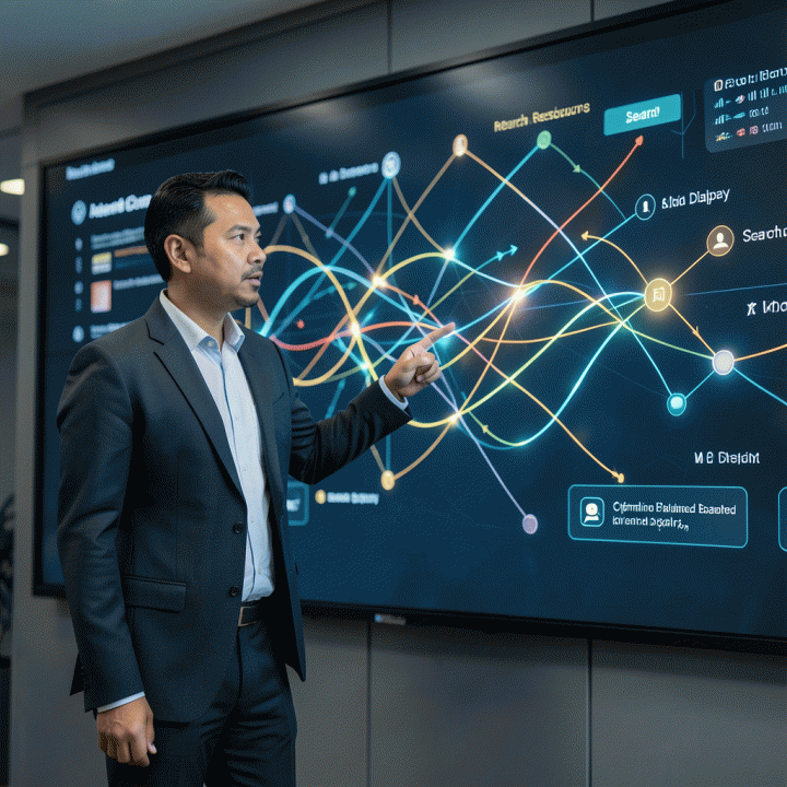 Manajer pemasaran profesional menunjuk ke visualisasi data digital abstrak yang menunjukkan alokasi anggaran optimal antar berbagai saluran media iklan.