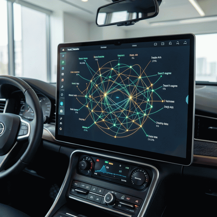 Visualisasi dashboard perencanaan bauran iklan digital yang kompleks dan terstruktur, menunjukkan alokasi anggaran yang seimbang antar berbagai saluran media pemasaran.