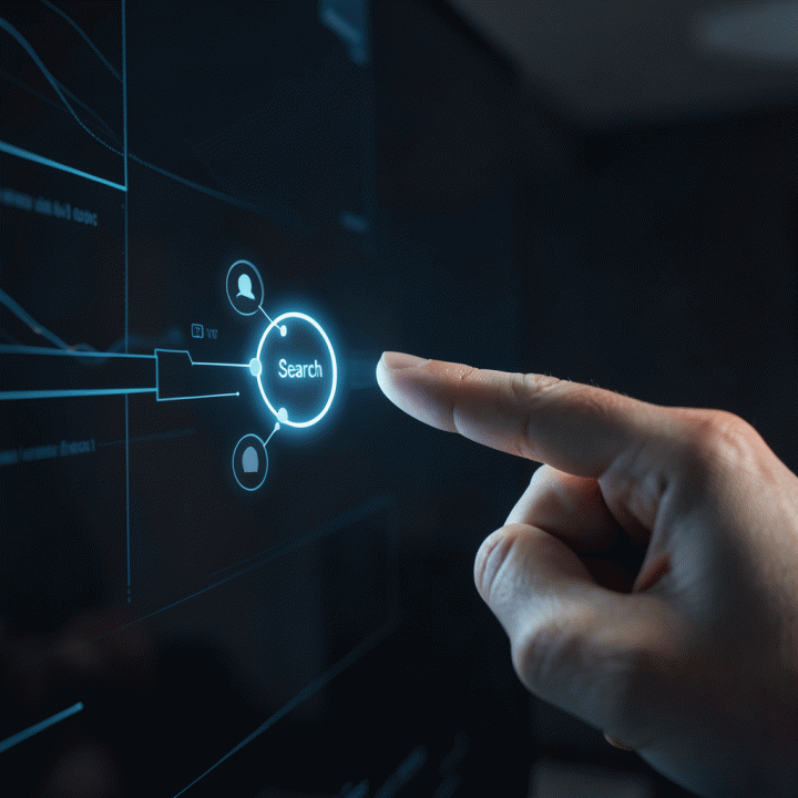 Tangan menunjuk ke titik fokus data pada antarmuka digital, melambangkan penentuan alokasi anggaran yang paling efektif.