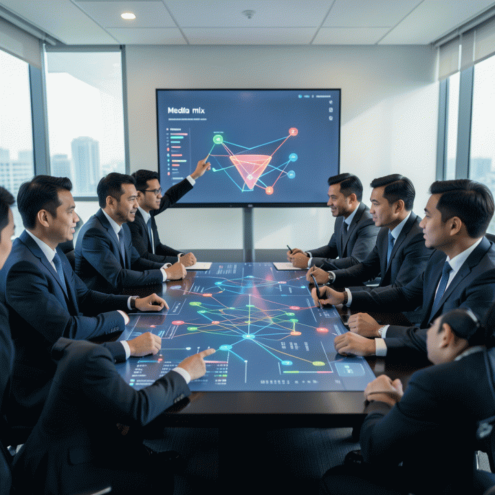 Tim profesional di ruang pertemuan modern berdiskusi di sekitar meja interaktif yang menampilkan visualisasi data media mix yang kompleks dan terhubung, melambangkan perencanaan pemasaran digital yang optimal.