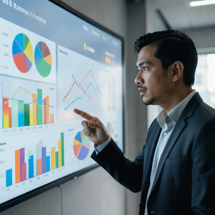 Seorang manajer pemasaran meninjau dashboard digital yang abstrak dan berwarna-warni, menunjukkan alokasi anggaran dan optimasi ROI media mix.