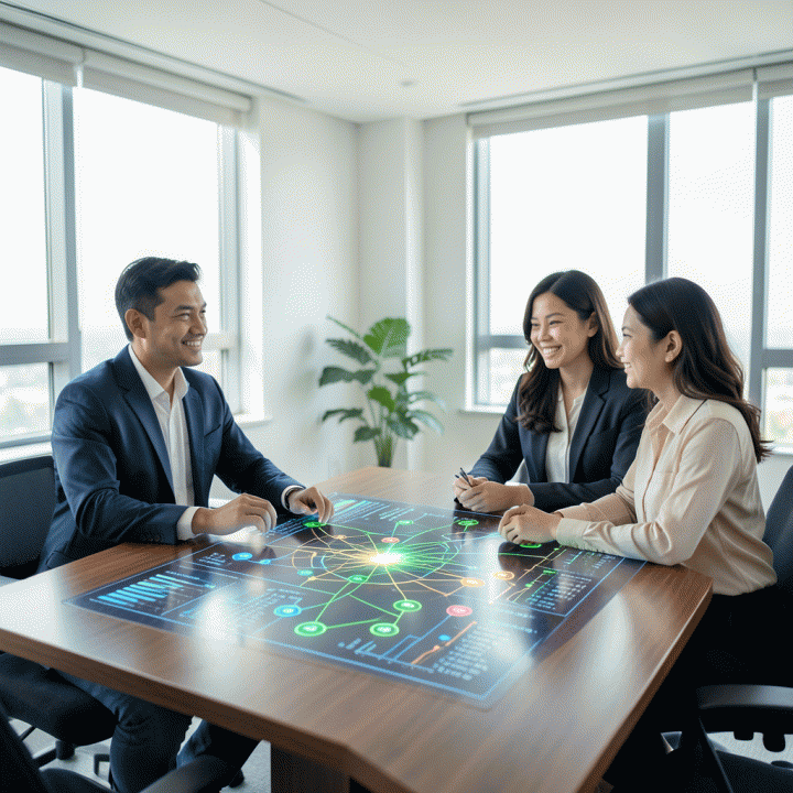 Dua manajer pemasaran yang profesional berdiskusi di meja rapat modern, di hadapan visualisasi holografik yang kompleks mengenai alokasi dan optimalisasi anggaran bauran iklan digital, melambangkan perencanaan strategis marketing.