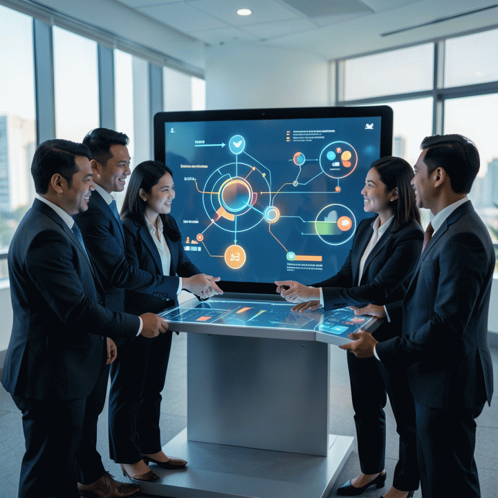 Grup profesional bisnis Indonesia yang berkolaborasi di depan layar digital yang menampilkan visualisasi data pemasaran yang kompleks dan strategis, menunjukkan perencanaan media mix iklan.